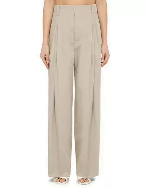 Beige cotton wide trousers with pleat