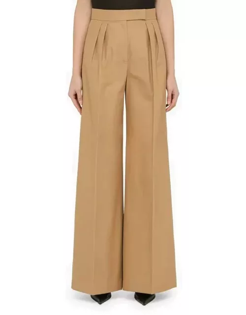 Beige cotton wide trousers with pleat