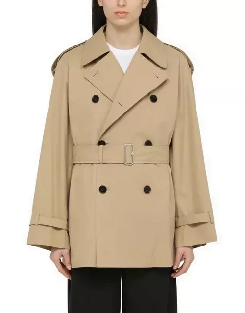 Short double-breasted beige trench coat with belt