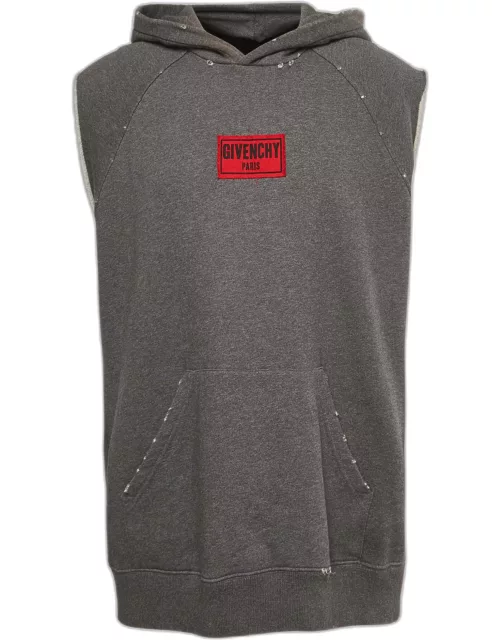 Givenchy Grey Logo Applique Distressed Knit Sleeveless Hoodie