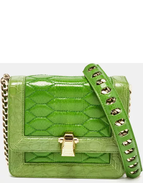 Roberto Cavalli Green Croc and Snakeskin Flap Chain Bag