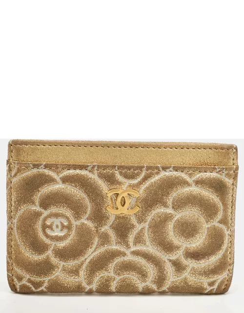 Chanel Gold Suede Camellia Embossed Classic Card Holder