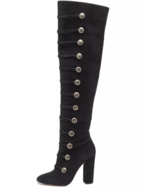 Aquazzura Black Suede Buttons Embellished Over The Knee Boot