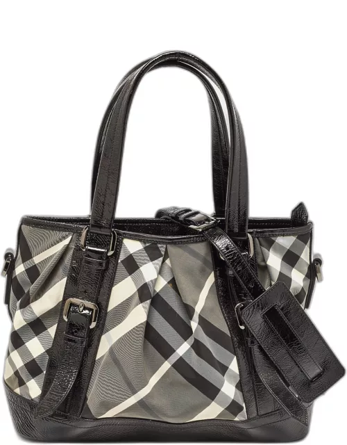 Burberry Black/Grey Beat Check Nylon and Patent Leather Lowry Tote