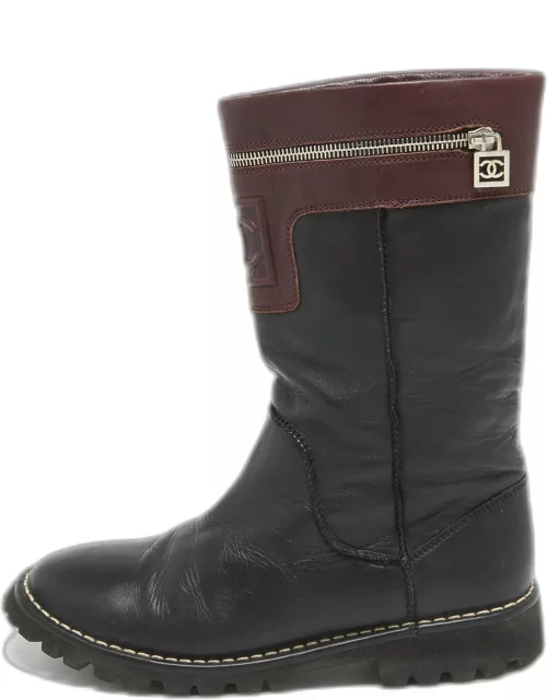 Chanel Black/Burgundy Leather CC Mid Calf Boot