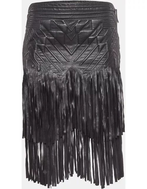 Roberto Cavalli Black Embossed Leather Fringed Skirt