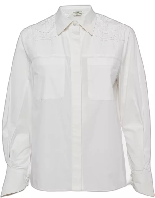 Fendi White Embroidered Yoke Cotton Long Sleeve Shirt