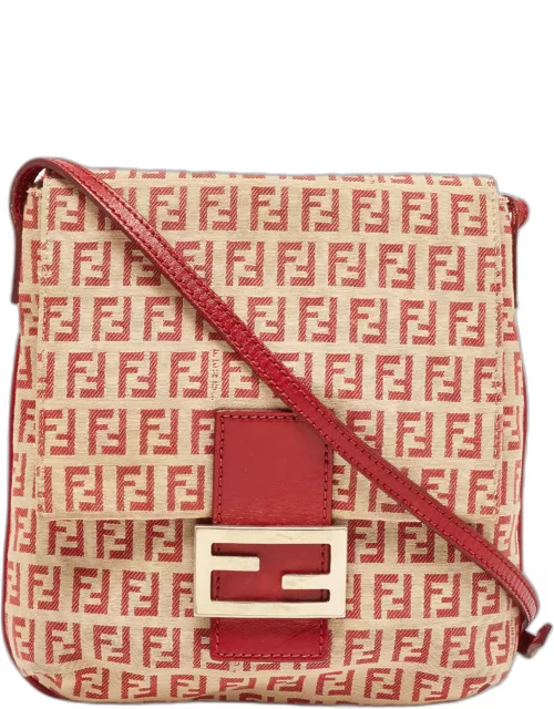 Fendi Red/Beige Zucchino Fabric and Leather Flap Messenger Bag