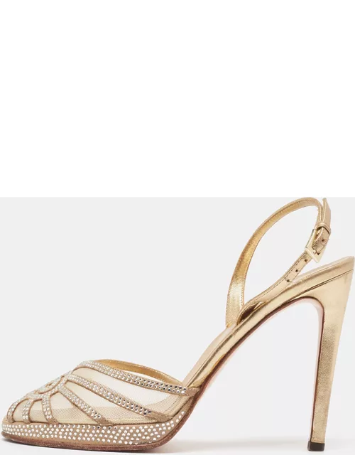 Valentino Gold Mesh and Crystal Embellished Suede Platform Slingback Sandal