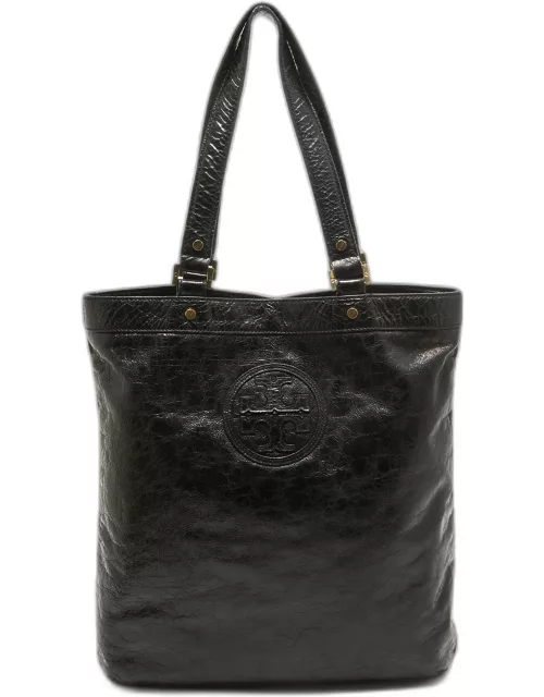 Tory Burch Black Crinkled Patent Leather Embossed Tote