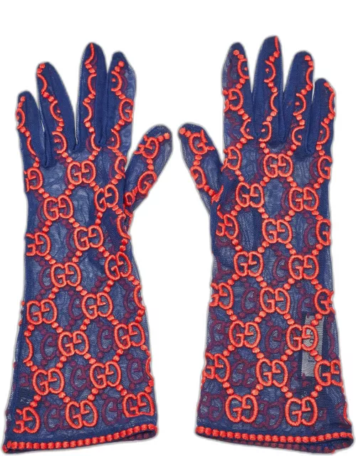 Gucci Blue/Red GG Embroidered Tulle Gloves