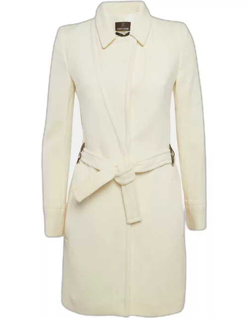 Roberto Cavalli Off White Wool Belted Mid-Length Coat
