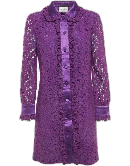 Gucci Purple Lace Satin Trimmed Shirt Dress