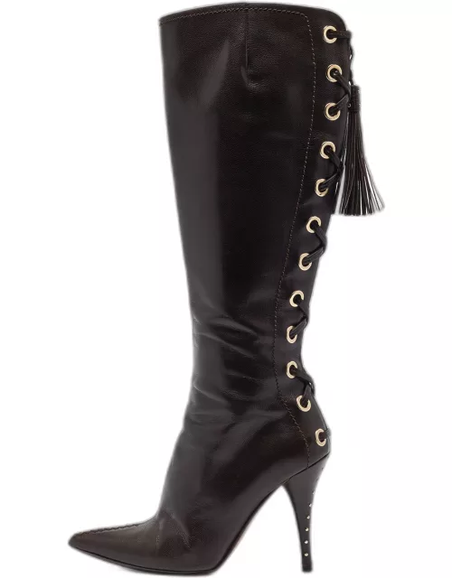 Saint Laurent Brown Leather Lace Up Midcalf Boot