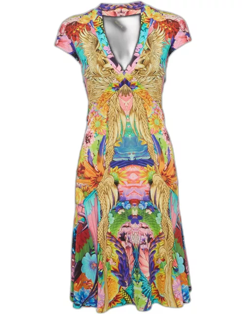 Roberto Cavalli Multicolor Print Jersey Cap Sleeve Midi Dress