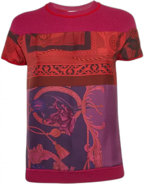 Salvatore Ferragamo Pink Printed Silk and Wool Knit Short Sleeve T-shirt