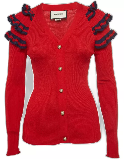 Gucci Red Knit Ruffled Buttoned Cardigan