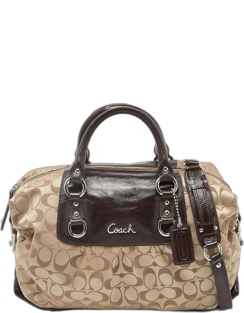 Coach Beige/Brown Signature Fabric and Patent Leather Ashley Bag
