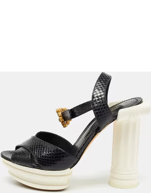 Dolce & Gabbana Black Snakeskin Ankle Strap Block Heel Sandal