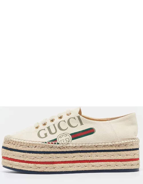 Gucci Cream Canvas Logo Platform Espadrille Flat