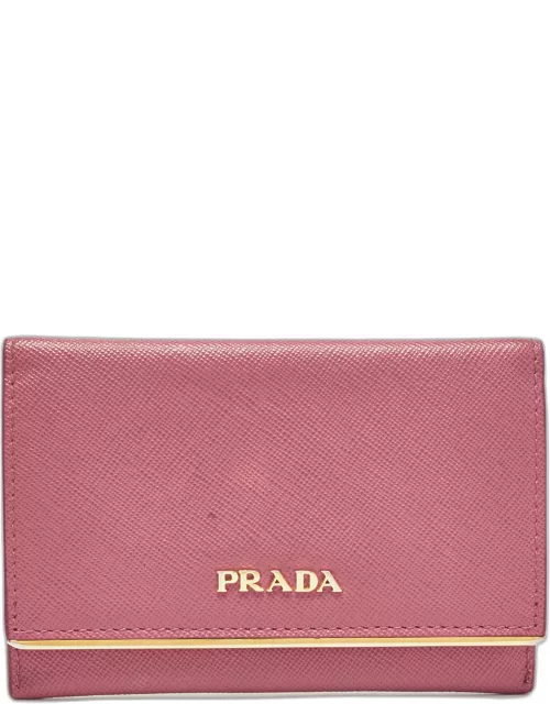 Prada Pink Saffiano Leather Flap Metal Card Holder