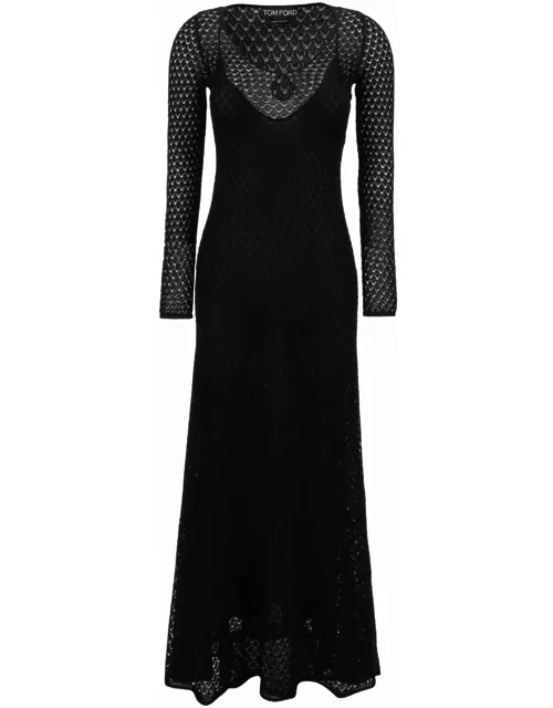 Tom Ford Black Crochet Weave Long Dress In Viscose Woman