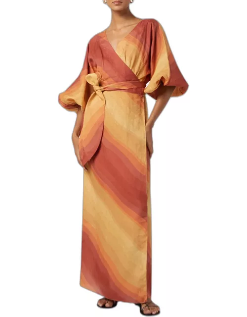 Baudo Lantern-Sleeve Long Linen Wrap Dres
