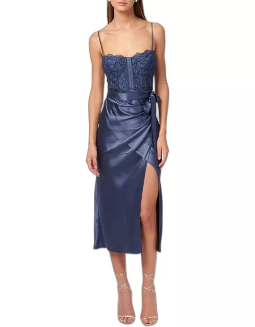 Tricia Bustier Lace Satin Wrap-Skirt Midi Dres