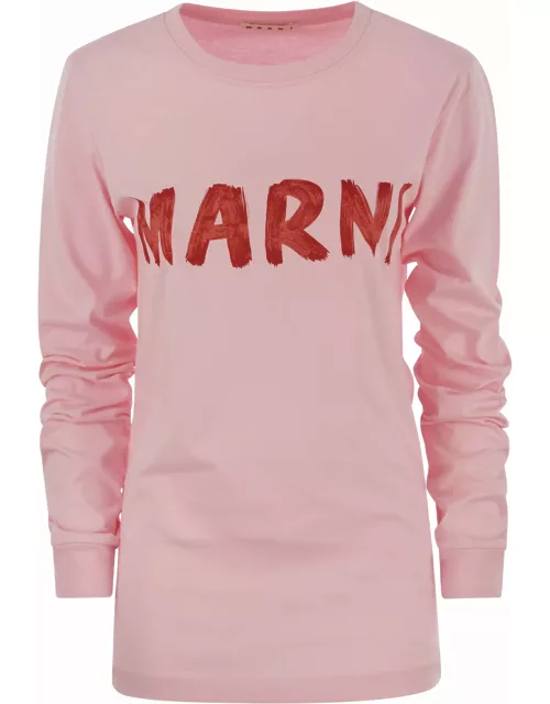 Long-sleeved Cotton T-shirt With Marni Lettering