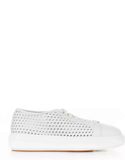 Santoni White Sneaker In Perforated Leather