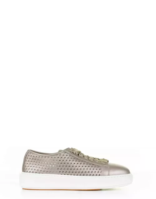 Santoni Beige Sneaker In Laminated Perforated Leather
