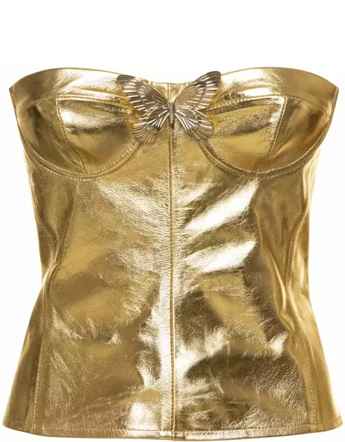 Blumarine Gold Bustier Top With Butterfly Detail In Laminated Leather Woman