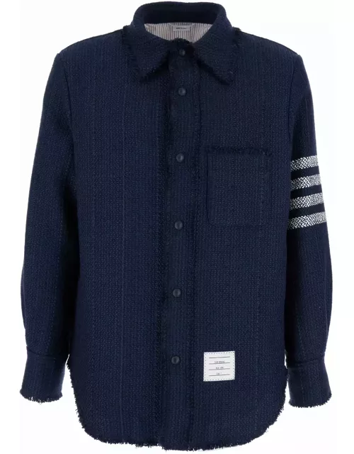 Thom Browne Snap Front Shirt Jacket W/fray Edge In Woven 4 Bar Solid Cotton Tweed