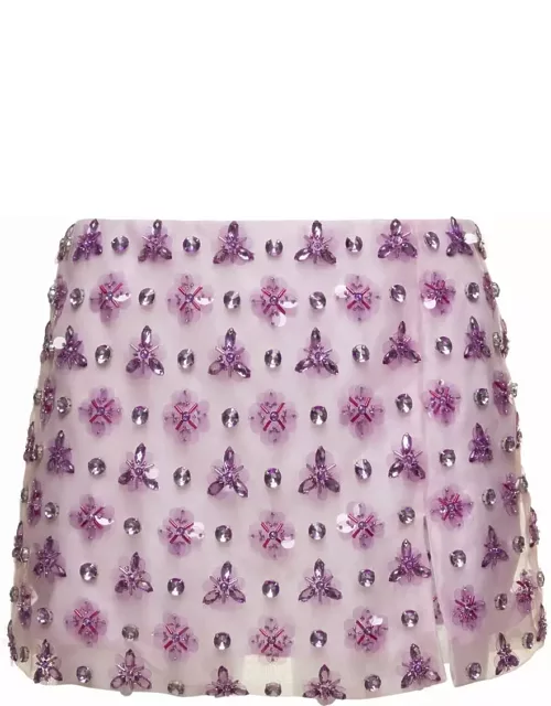 Des Phemmes Pink Geometric Mini Skirt With Crystal Embellishment In Organza Woman