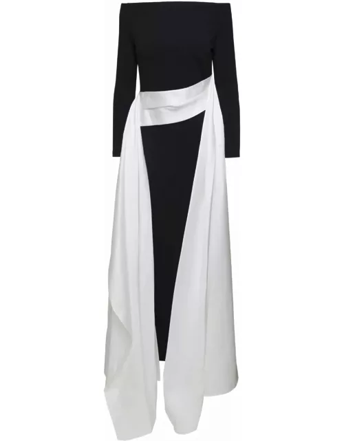 Solace London Black And White Long Dress With Train In Techno Fabric Stretch Woman