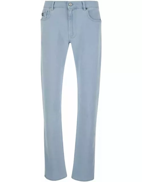 Versace Light Blue Skinny Jeans With Logo Patch In Denim Man