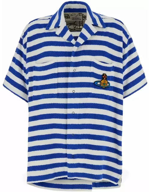 Vivienne Westwood Blue And White Striped Bowling Shirt With Orb Embroidery In Cotton Blend Man