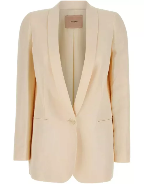 TwinSet Beige Single-breasted Jacket With Shawl Neckline In Linen Blend Woman
