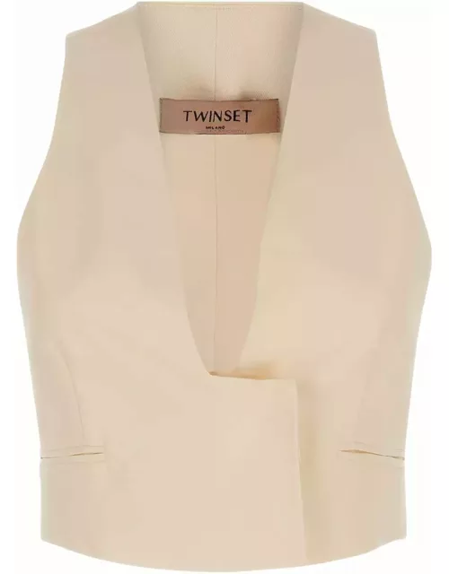TwinSet Beige Crop Vest With Concealed Closure In Linen Blend Woman