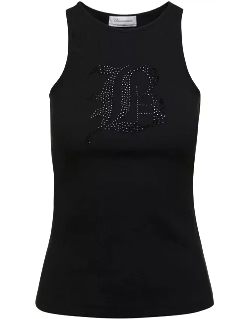 Blumarine Black Ribbed Tank Top With Rhinestone Logo In Cotton Woman
