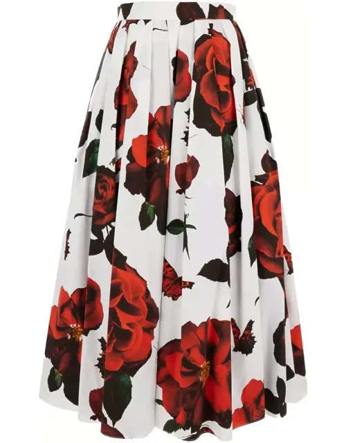 Alexander McQueen Tudor Rose Print Pleated Midi Skirt In Cotton Woman