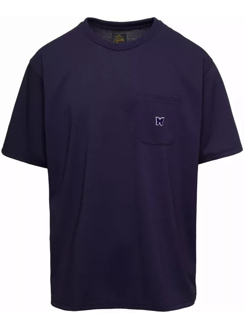 Needles Crewneck T-shirt With Front Pocket And Embroidered Logo In Violet Technical Fabric Man