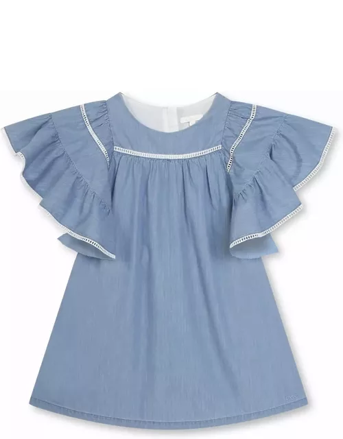 Chloé Medium Blue Dress With Ruffle And Ladder Stitch Detailing