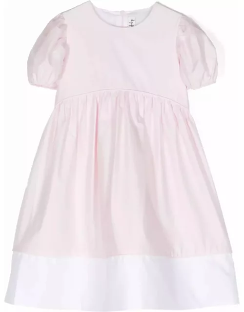 Il Gufo Short-sleeved Dress In Pink And White Stretch Poplin