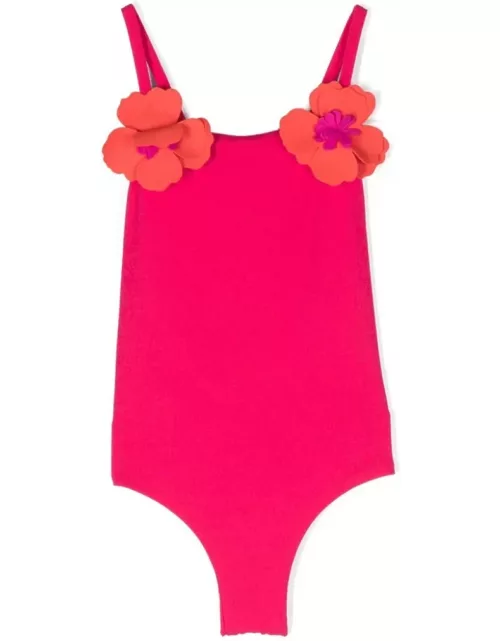 Il Gufo One-piece Swimsuit With Applied Flowers In Strawberry And Orange
