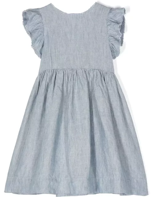 Il Gufo Blue Linen Dress With Bow Detai