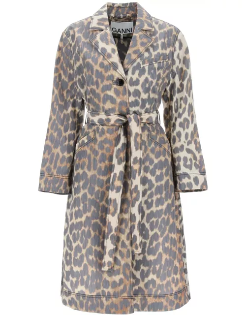 Ganni Trench Coat In Leopard Faille