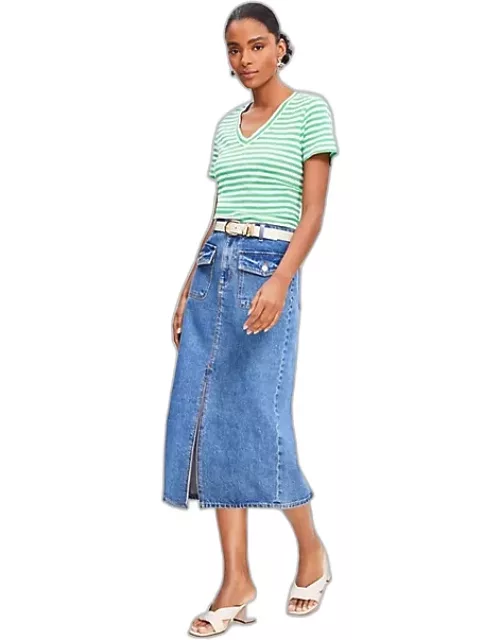 Loft Patch Pocket Denim Midi Skirt in Classic Mid Wash