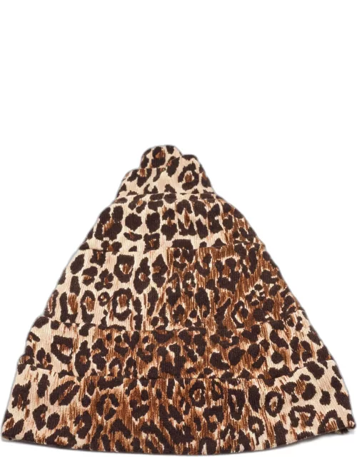Dolce & Gabbana Brown Leopard Pattern Cashmere Tiered Beanie Hat