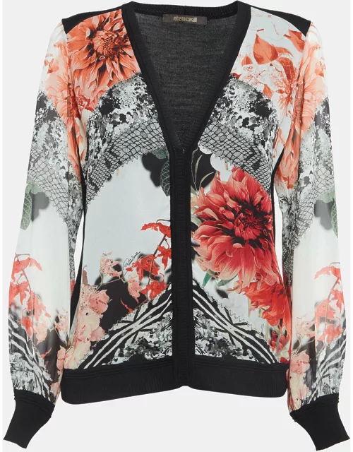 Roberto Cavalli Red/Black Floral Print Silk and Knit Buttoned Cardigan